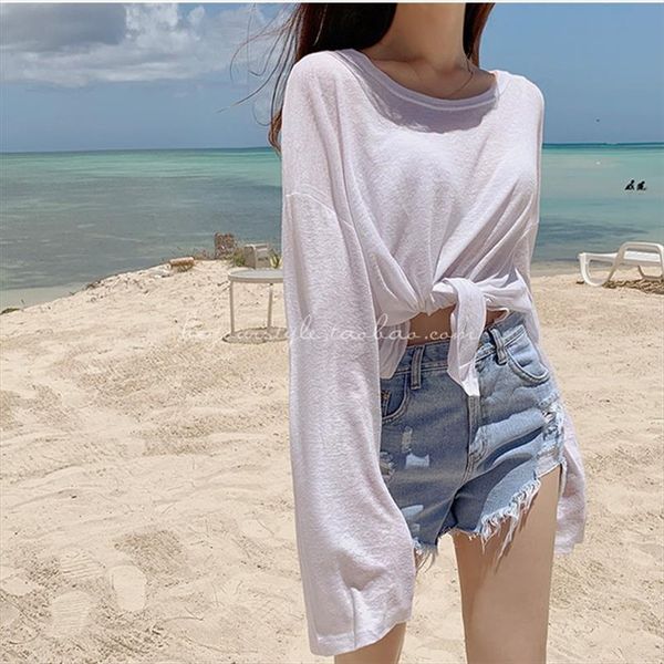 

micro through split loose t shirt new spring solid slim fit tee women casual long sleeve tshirt female girls, White