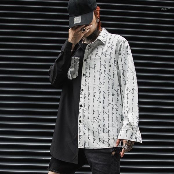 

asymmetric design punk rock hip hop men long shirt korean fashion printed vintage shirts man harajuku casual blouse streetwear1, White;black