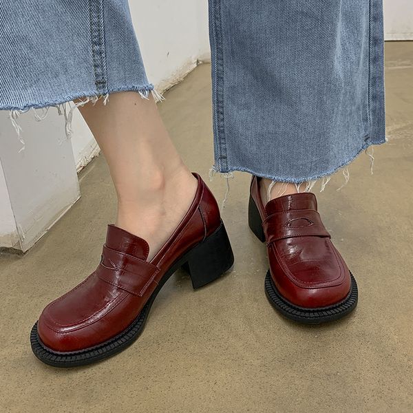 

2020 fashion women's thick genuine leather pumps sliding into high heels party red autumn shoes 05a6, Black