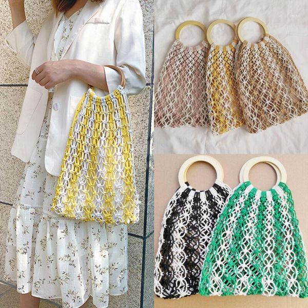 

striped woven straw bags totes shopping bags women hollow rope bag mesh rope weaving handbags wooden handle1
