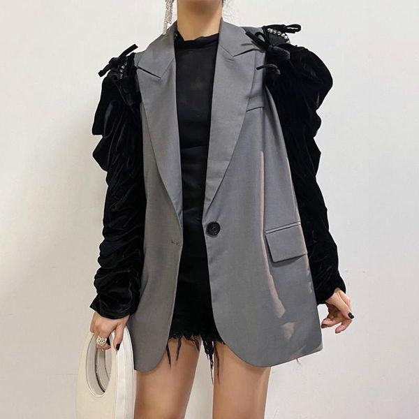 

patchwork casual blazer for women notched long sleeve lace up bowknot large size loose 2021 autumn fashion new style k917, White;black