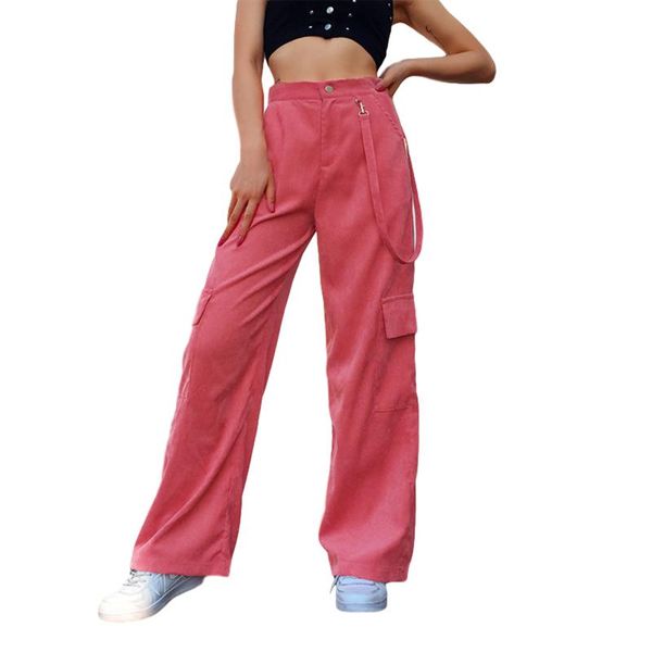 

harajuku vintage corduroy baggy straight pants women high waist solid pockets sport casual wide leg trousers hip hop streetwear, White;red