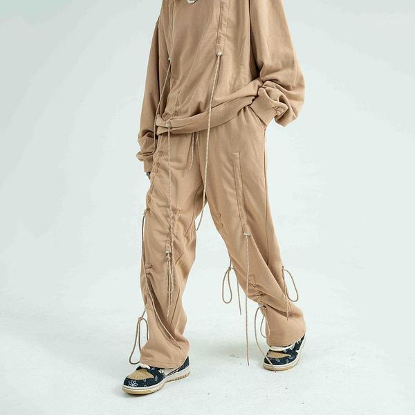 

ewq / men's wear high street fashion drawstring personalized sweatpants hip hop loose cotton straight casual pants couple 9y33641, Black