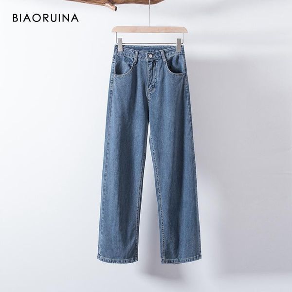 

biaoruina women's solid washing minimalist jeans high waist female fashion bleached wide leg pants loose casual streetwear1, Blue