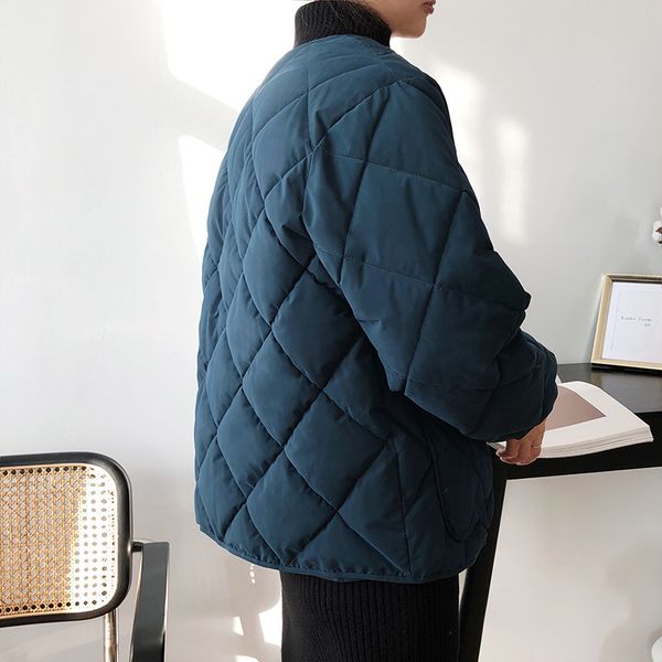 

2020 diamond check around the neck female short winter down padded jacket e3dx, Black