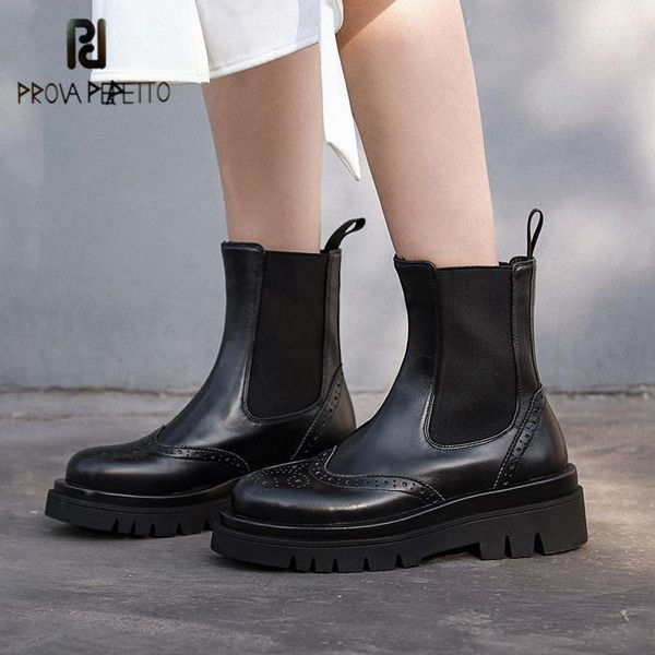 

boots prova perfetto concise genuine leather women's ankle breathable round toe slip-on platform wearproof women casual shoes1, Black