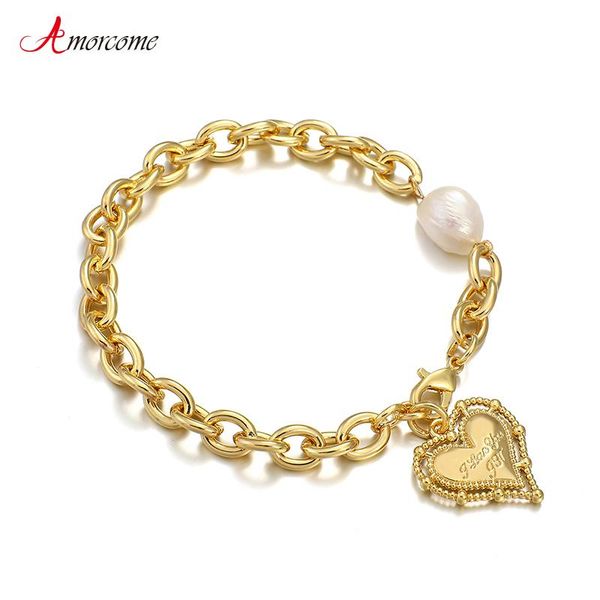 

amorcome retro design pearl love heart shaped pendant bracelets metal thick chain bracelets for women girls party hands jewelry, Golden;silver