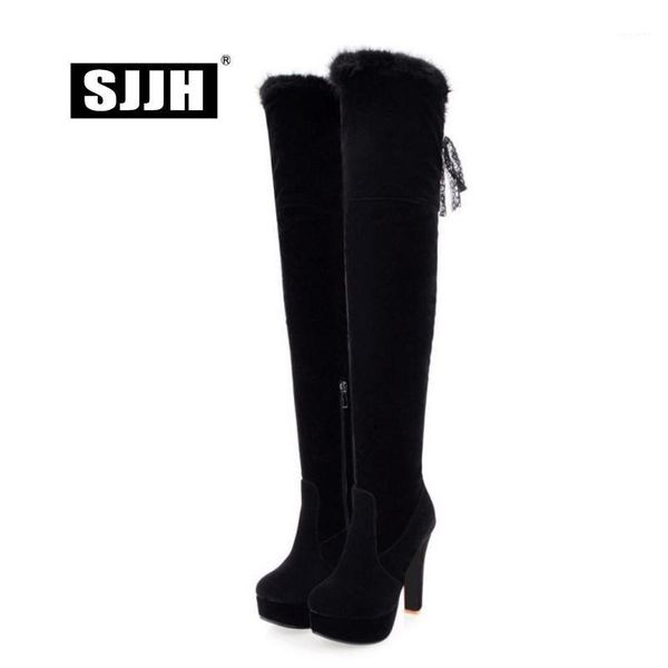 

sjjh women roman over-the-knee long boots with round toe chunky platform flock zip riding boots fashion shoes large size q4611, Black