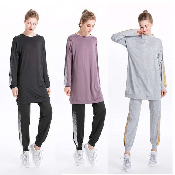 

and winter new arab muslim leisure autumn color matching round neck sports sweater set y012, Gray