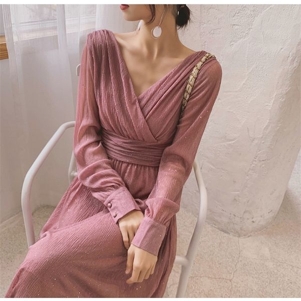 

hma new fashion vintage sleeve maxi spring high waist elegant boho dress women shiny long dresses vestidos y200805, Black;pink
