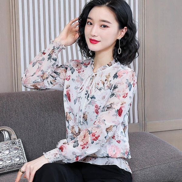 

women's blouses & shirts lantern sleeve floral chiffon shirt long spring 2021 mother's butterfly printed small top, White