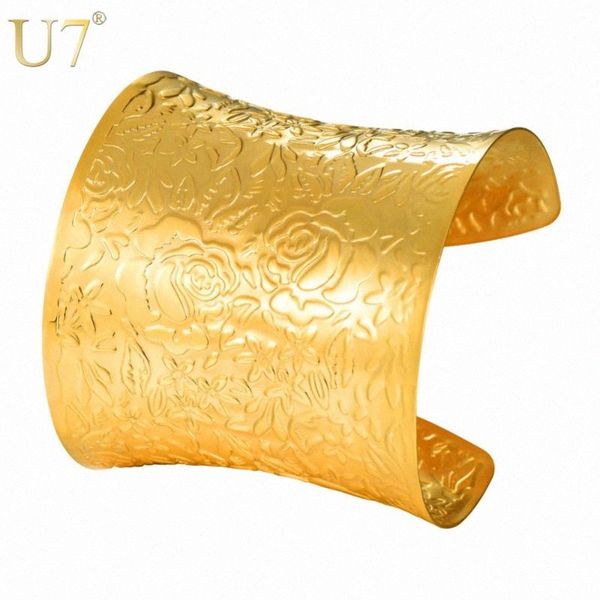 

u7 bracelet stainless steel vintage gold color relievo rose flower wide cuff bangle adjustable gift jewelry bracelets h1044 gpej#, White