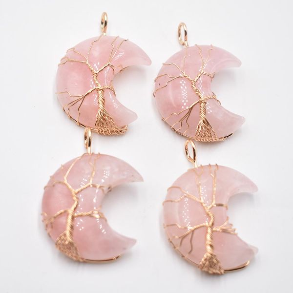 

natural crystal pendant tree of life moon shape reiki polished mineral jewelry healing stone for men women jewelry, Bronze;silver