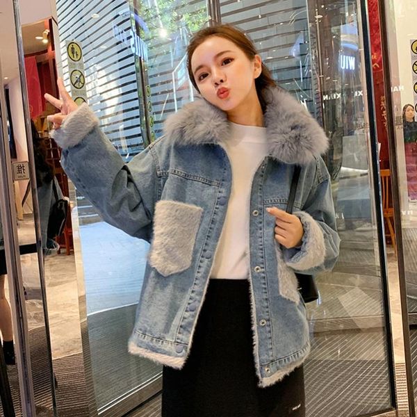 

2020 fashion the new loose detachable fur collar splice cowboy cotton clothing ing, Black;brown