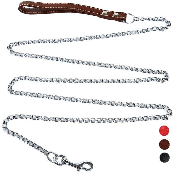 

pu anti-bite metal leather for small medium chain lead large handle leads durable pet dog leash accessories iron ofomr
