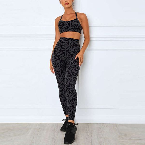 

new leopard print suit exercise fitness two piece yoga tights, Gray