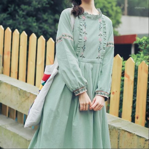 

autumn spring women midi dress japanese mori girl floral embroidery dress elegant cotton linen pleated white,green,yellow1, Black;gray