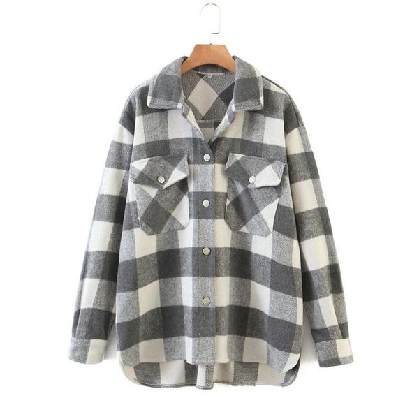 

2020 autumn fashion ladies plaid woolen shirts casual female oversize shirt streetwear women vintage outfits girls chic shirts, White