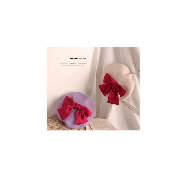 

fashion wool baby hat for girls candy color elastic infant baby beret hat kids caps with big bow for girls 2- qylvgm, Yellow