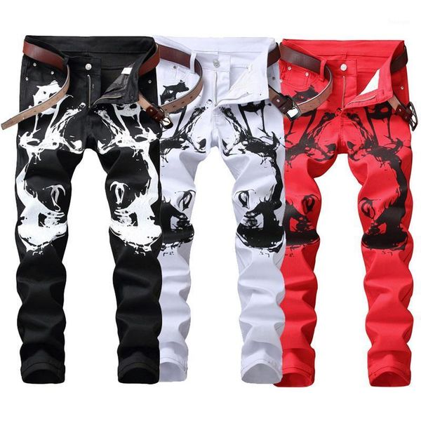 

fashion streetwear mens jeans slim fit white black red color elastic punk pants hip hop jeans night club style printed men1, Blue