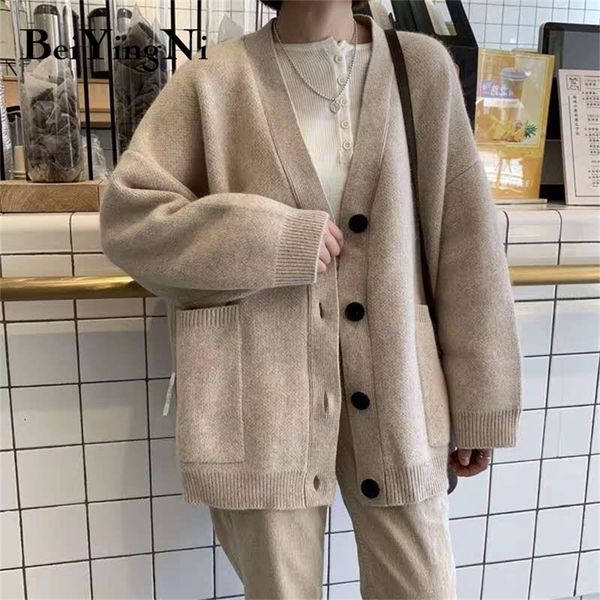 

beiyingni autumn winter sweater women loose outwear cardigan casual women's jacket thick warm chic knitted long coat female 201225, White;black