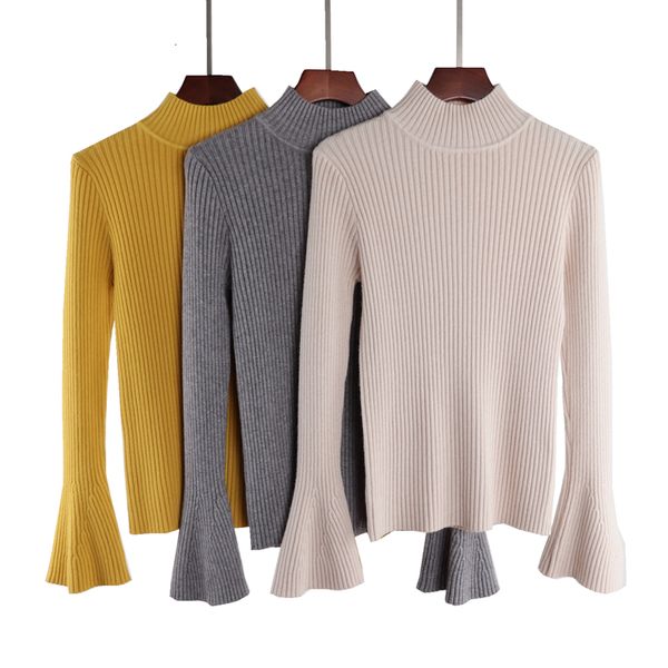 

2021 new autumn winter vintage flare sleeve thick knitted women soft warm cashmere pullovers pull femme turtleneck sweater s5zl, White;black