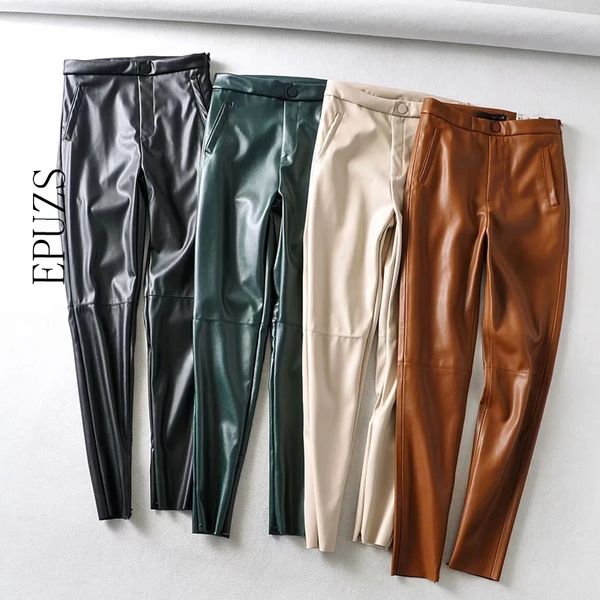 Moda Yeşil Siyah PU Deri Pantolon Kadın Skinny Joggers Streetwear PU Kalem Pantolon Rahat Pantalon Femme 201031