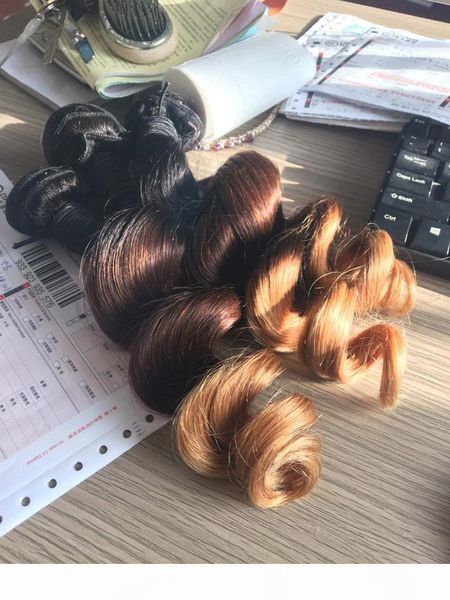 

1b 4 27 malaysian loose wave ombre hair extensions factory direct three tone curly human hair weave 3 bundles package product, Black
