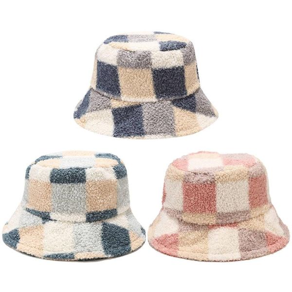 

fashion ladies warm tartan faux fur fisherman cap women caps winter fluffy plush bucket hat outdoor sunscreen sun hat, Blue;gray