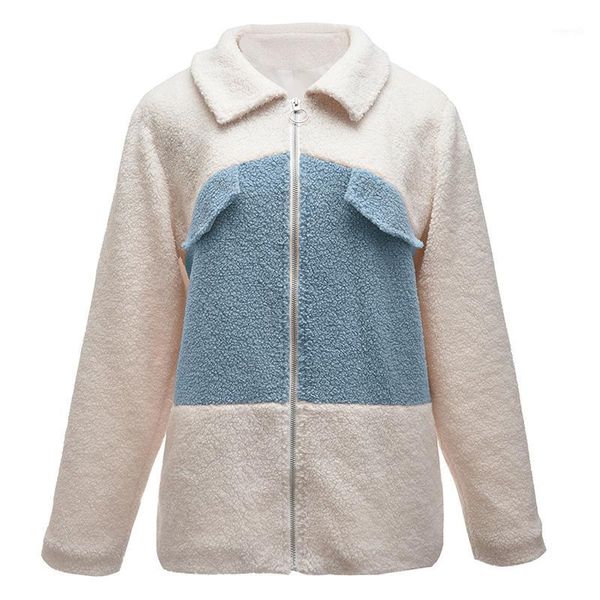 

women's zipper jacket with pockets autumn winter fashion patchwork color coat casual plush lapel streetwear plus size1, Black