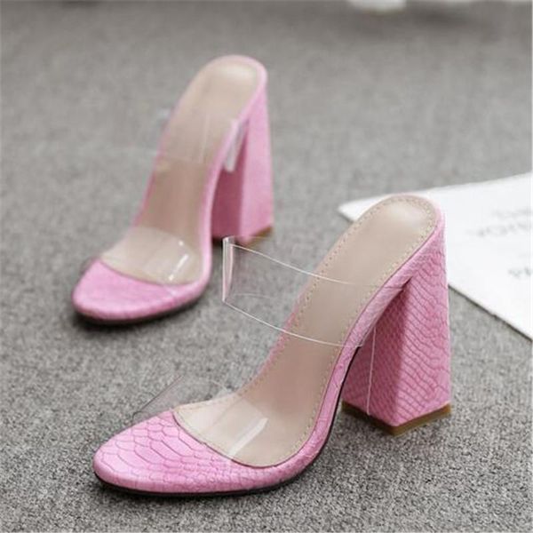 

women shoes pvc high heel thick heel 11.5cm round head snake candy color transparent sandals and slippers lady slippers, Black