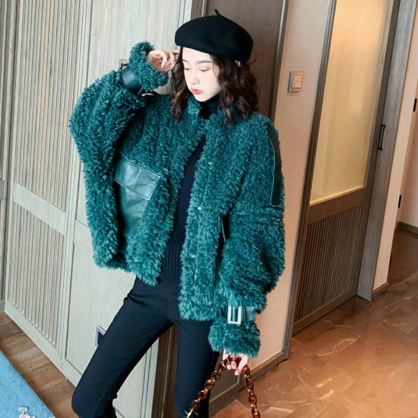 

2021 new jaqueta cordeiro feminino inverno curto de pele branca 4qia, Black