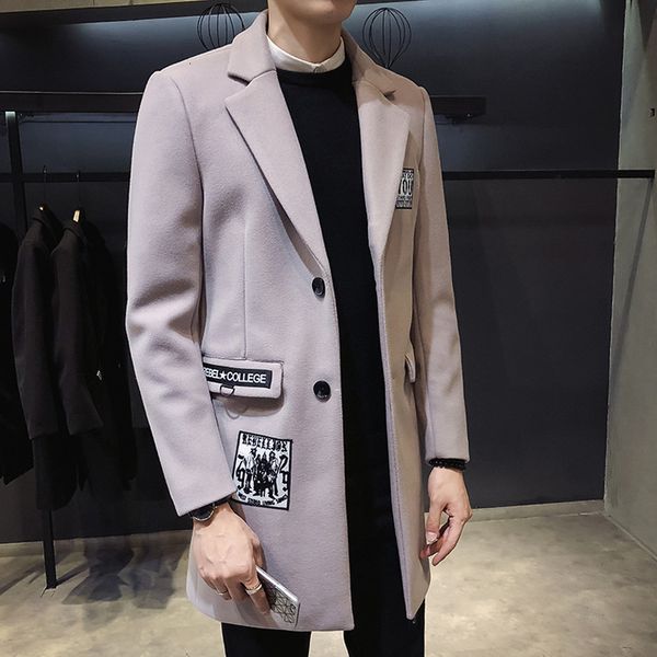 

autumn and winter big size men's slim medium length windbreaker young man's korean tweed coat, Tan;black