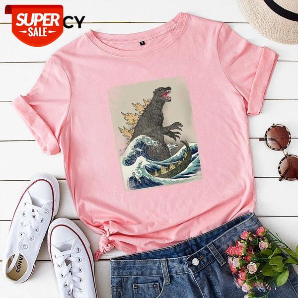 

jfuncy 2020 new cotton summer women's dinosaur monster cartoon printed woman shirts plus size short sleeve female tshirt #eg1t, White