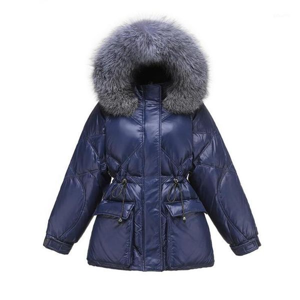 

2020 winter warm down jacket women mid-length real fur collar windbreaker parka loose big fur pocket witer warm coat1, Black