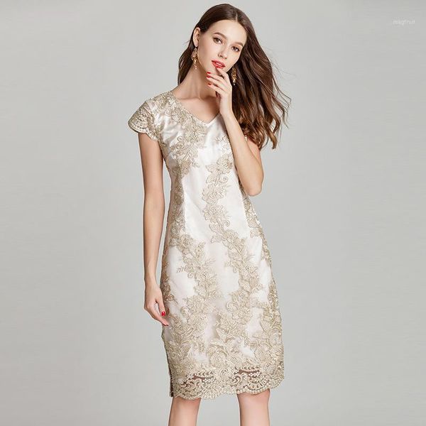 

2020 summer new womens v neck short sleeve embroidery beige pencil dress , elegant woman 4xl 5xl hollow out dresses1, Black;gray