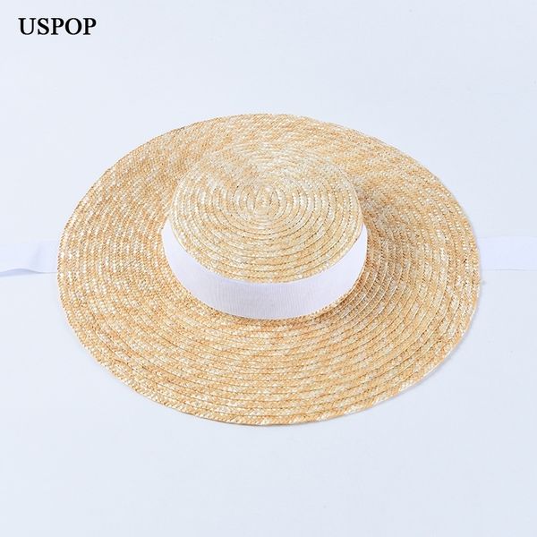 

uspop summer hats women sun french style wide brim casual natural wheat straw lace-up beach hat shade y200602, Blue;gray