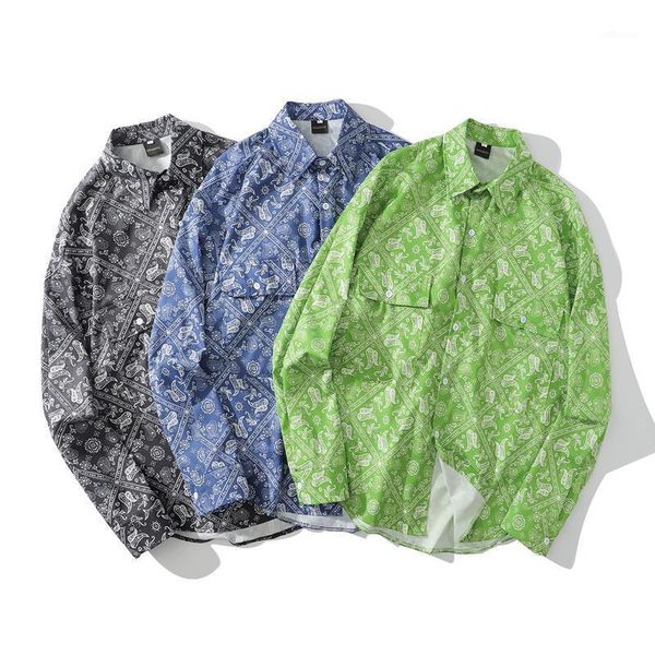 

black & blue & fluorescent green cashew flowers print long sleeve dress shirts streetwear hip hop harajuku fashion hipster 1, White;black