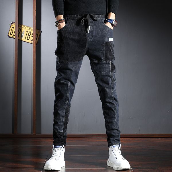 

2021 new fashion streetwear men jeans vintage retro elastic corduroy spliced designer denim harem trousers patchwork hip hop pencil pants oa, Blue