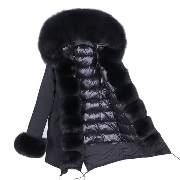 

winter 2021 new real fox skin collar down jacket female parka long coat 0y47, Black