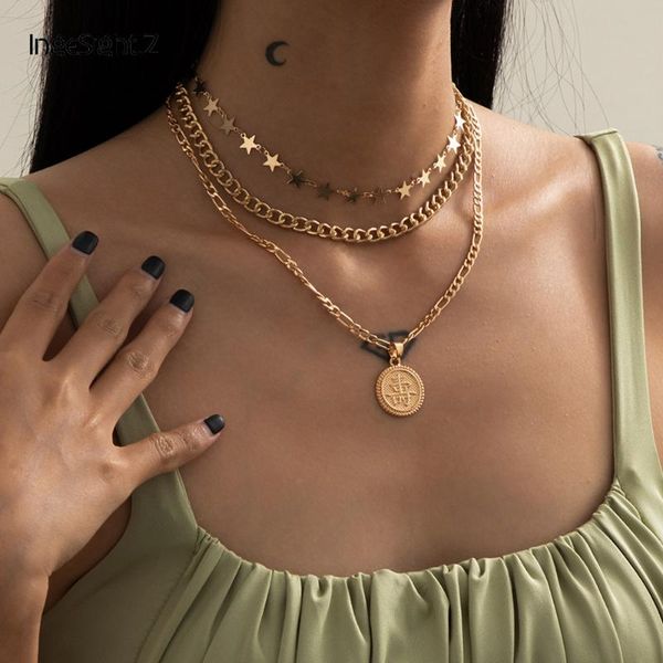 

ingesight.z 3pcs/set goth gothic copper star choker necklace collar multi layered carved coin pendant necklace for women jewelry, Silver