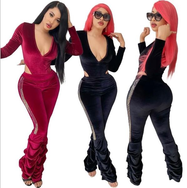 

2020 fall women clothing bodysuit and stack pants two pieces two piece 2 piece set velvet outfit, Gray