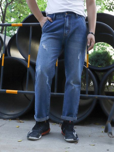 

men ripped straight leg jeans u3bz#, Blue