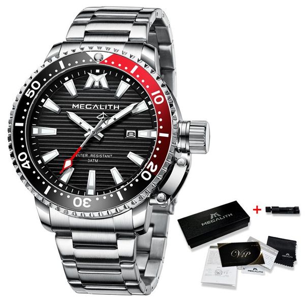 

reloj hombre 2020 megalith спорт светостойкий водонепроницаемый кварцевые часы мужская полная сталь военный дайвинг календарь календарь часы, Silver