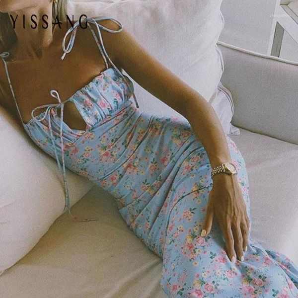 

yissang floral print drawstring summer dress women ruched hollow out strap casual midi long dresses backless bodycon dress1, Black;gray