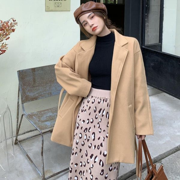 

retro hong kong style long sleeve woolen coat women 2021 new autumn / winter british style small and thick woolen coat fashion1, Black