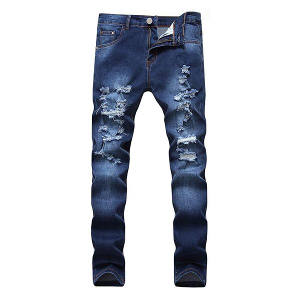 

men's jeans men multi-hole worn stretch dark slim denim trousers, Blue
