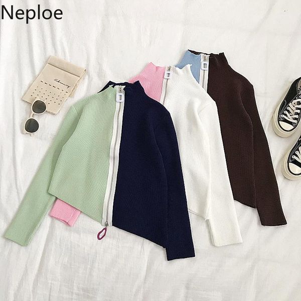 

women's knits & tees neploe irregular sweater women contrast color zipper cardigan korean fashion half turtleneck long sleeve slim knit, White