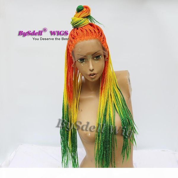 

русалка единорог коробка скрутить прическу парика синтетического красного желтого ombre зеленый цвет 3x оплетка волосы косичка фронт шнурок, Black