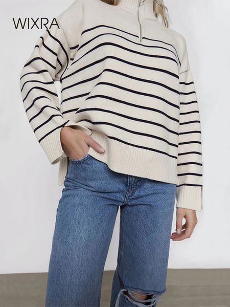

wixra women sweater striped casual zipper mo ne split knitted ladies pullover loose autumn high streetwear, Black
